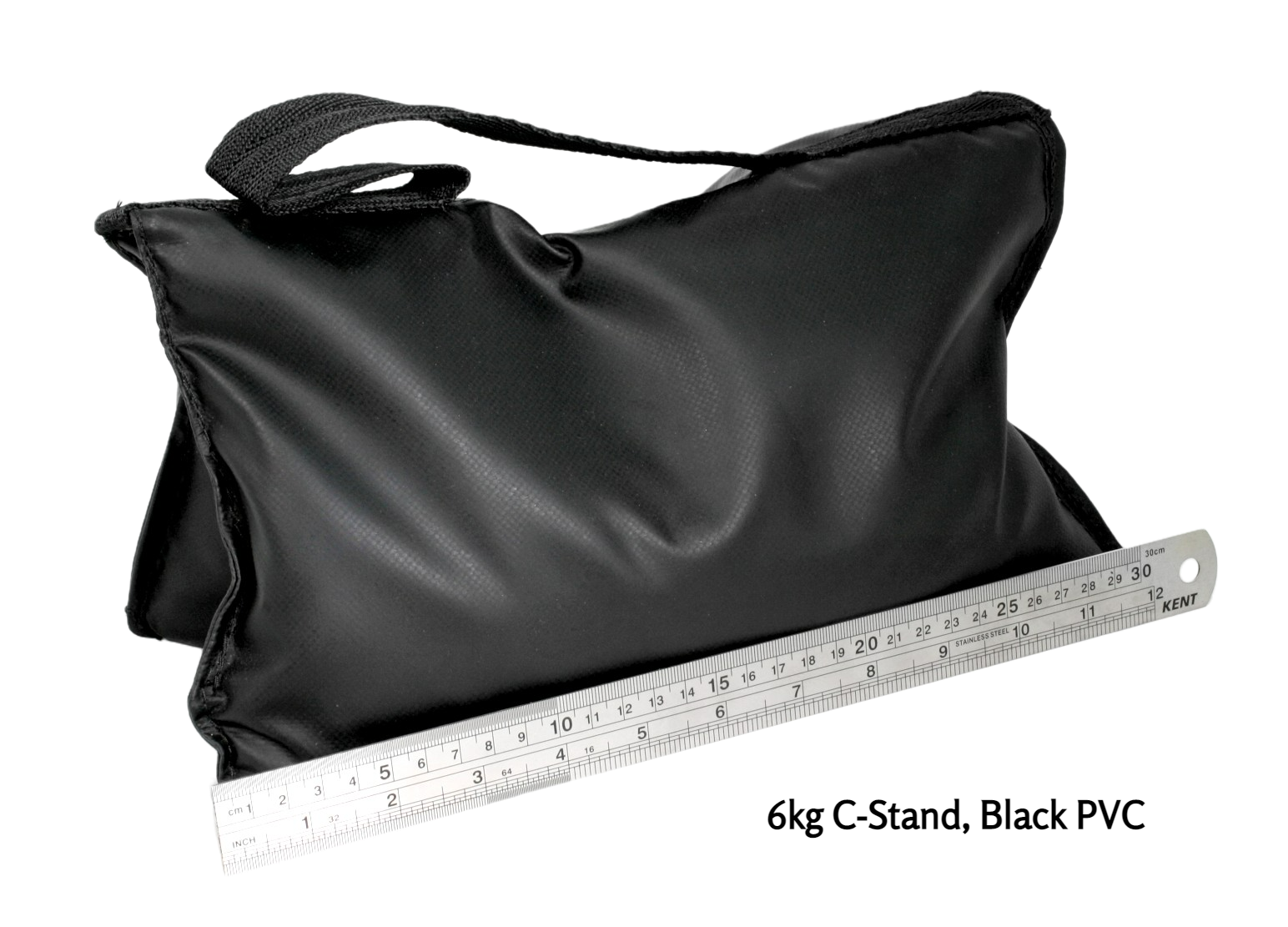 A 6kg C-stand sandbag in black PVC fabric, next to a ruler showing the sandbag is approximately 30cm long