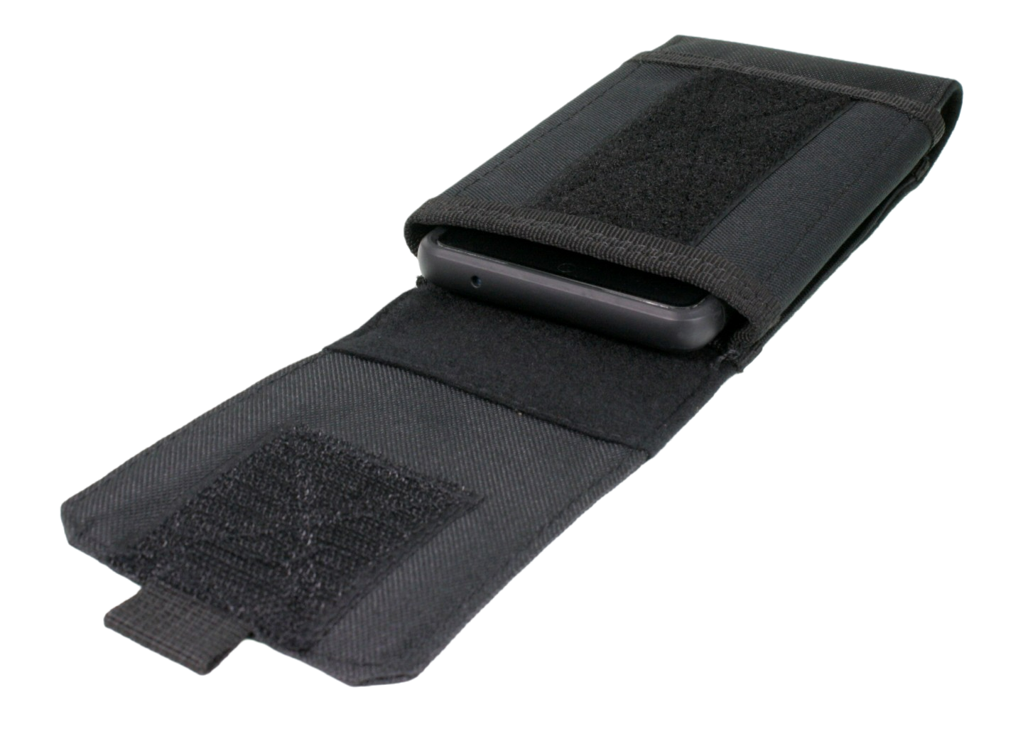 Flap open, showing phone in pouch