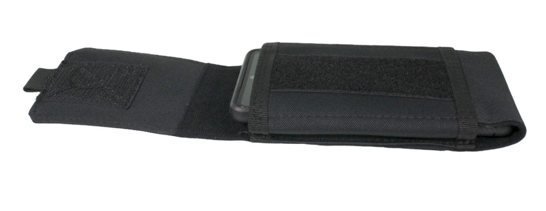 Side view, flap open, showing phone in pouch