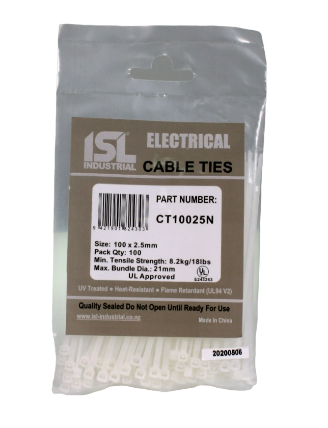 ISL Cable Ties, 100mm x 2.5mm, natural, in a pack of 100