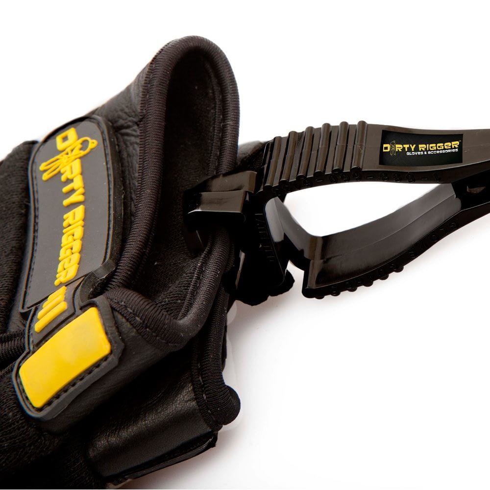 A close up of the glove clip attached to a pair of Dirty Rigger gloves