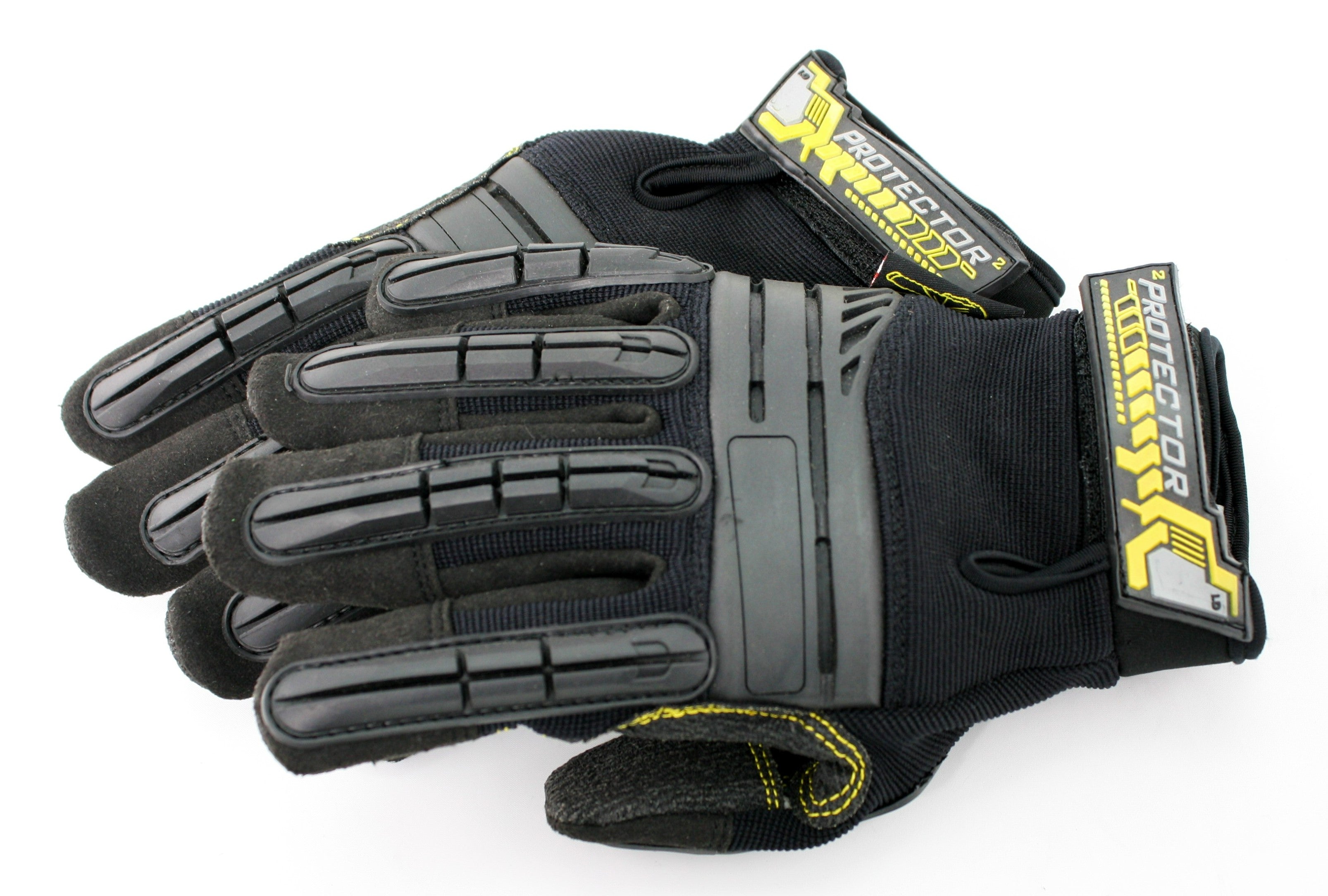 A pair of Dirty Rigger Protector Gloves, top view, both lying flat, slightly overlapping