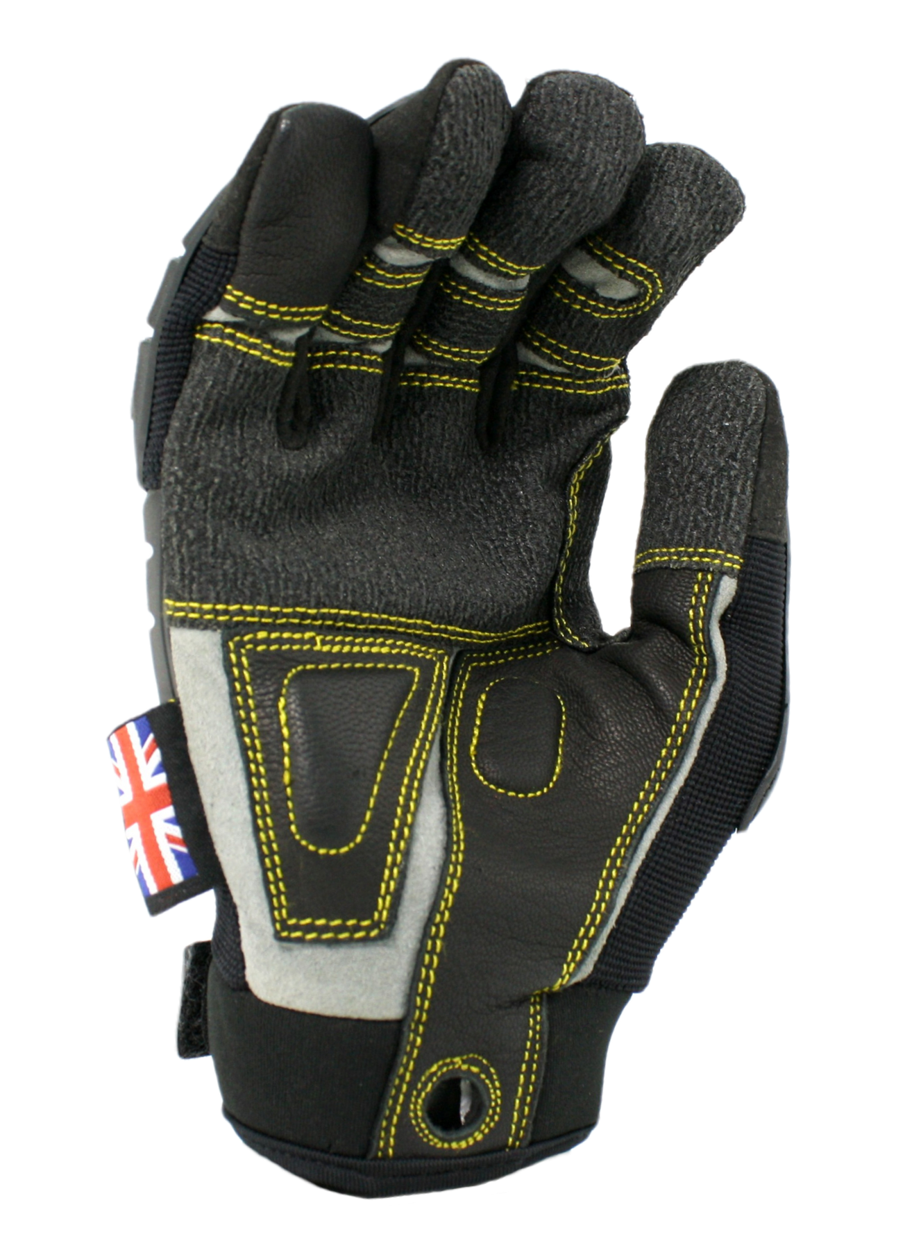 Dirty Rigger Protector Glove, palm view, showing goat skin leather padding and double stitching