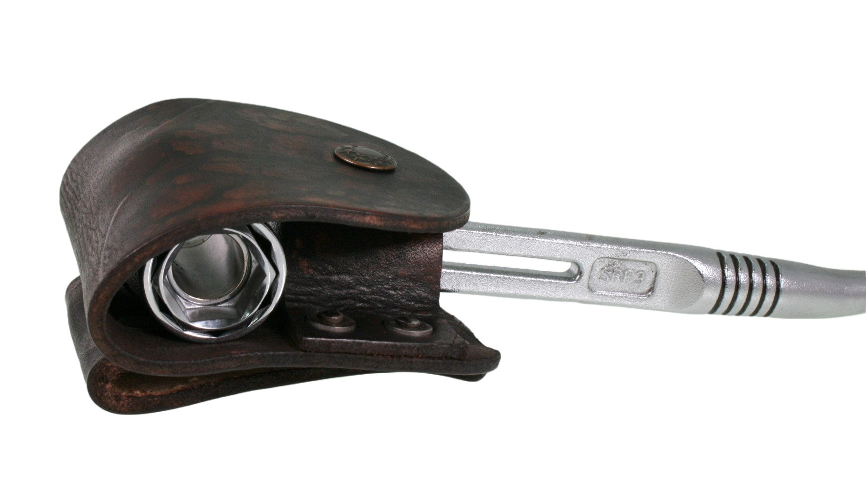 Side view of the podger in a Portsmouth Leather Podger Holster