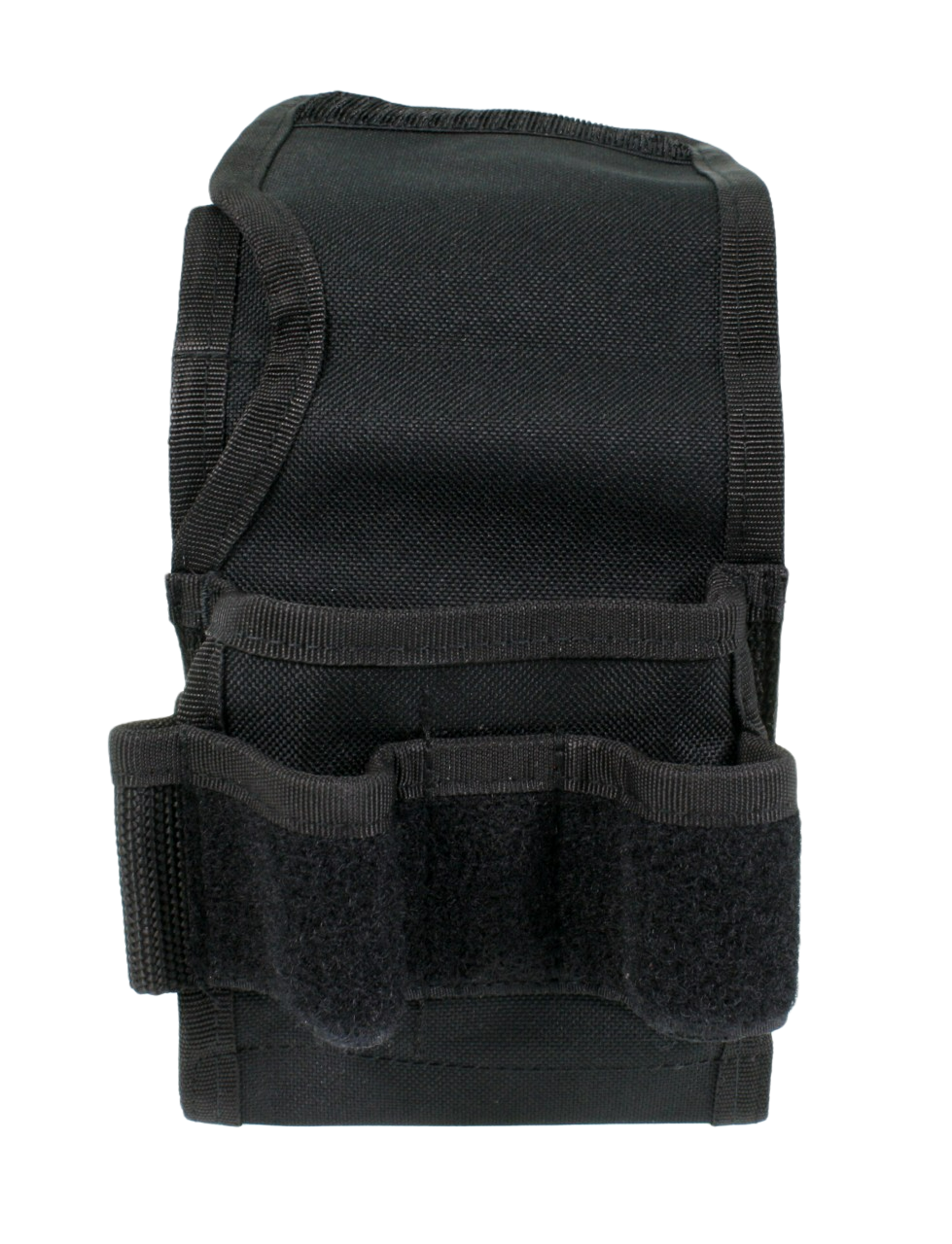 Front with top flap folded back, showing pockets and loops underneath