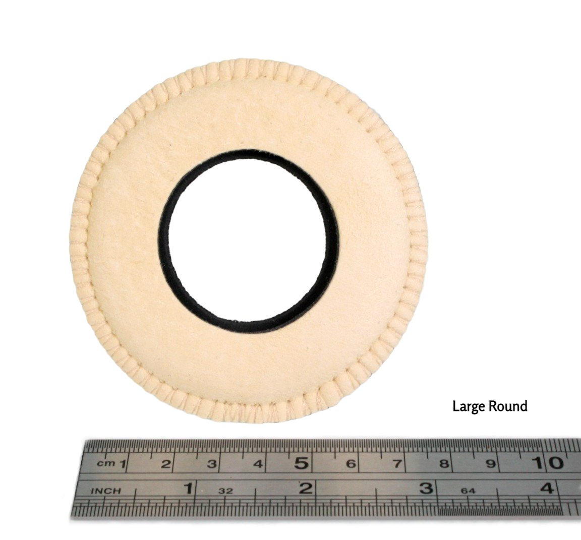 Round Large Eye Chamois next to a ruler showing that the widest part is just under 8cm