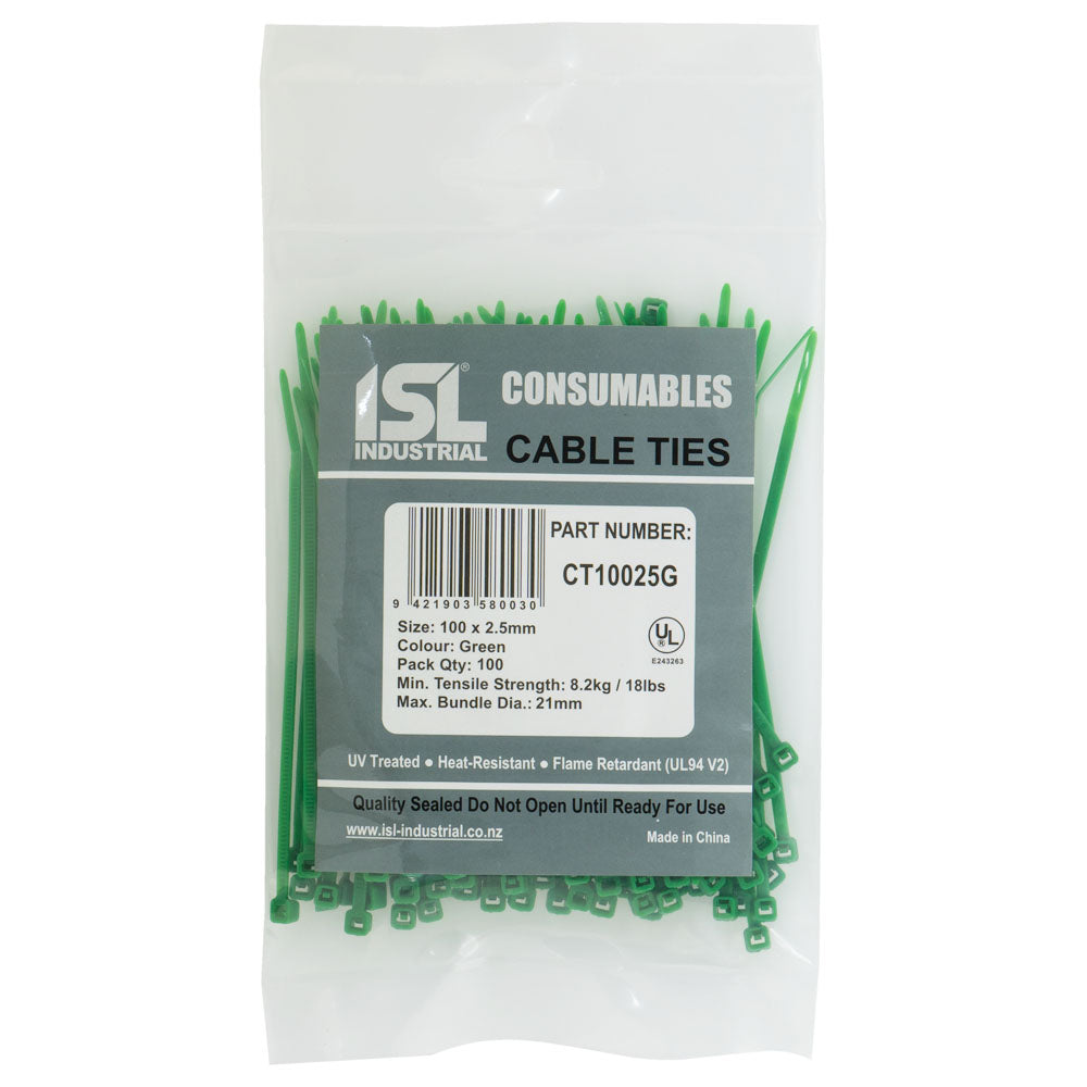 ISL Cable Ties, 100mm x 2.5mm, green, in a pack of 100