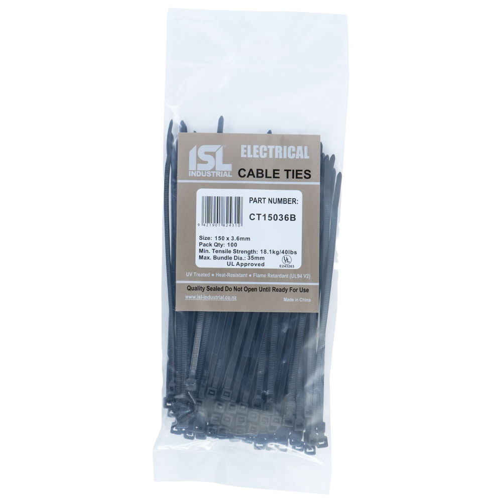 ISL Cable Ties, 150mm x 3.6mm, black, in a pack of 100