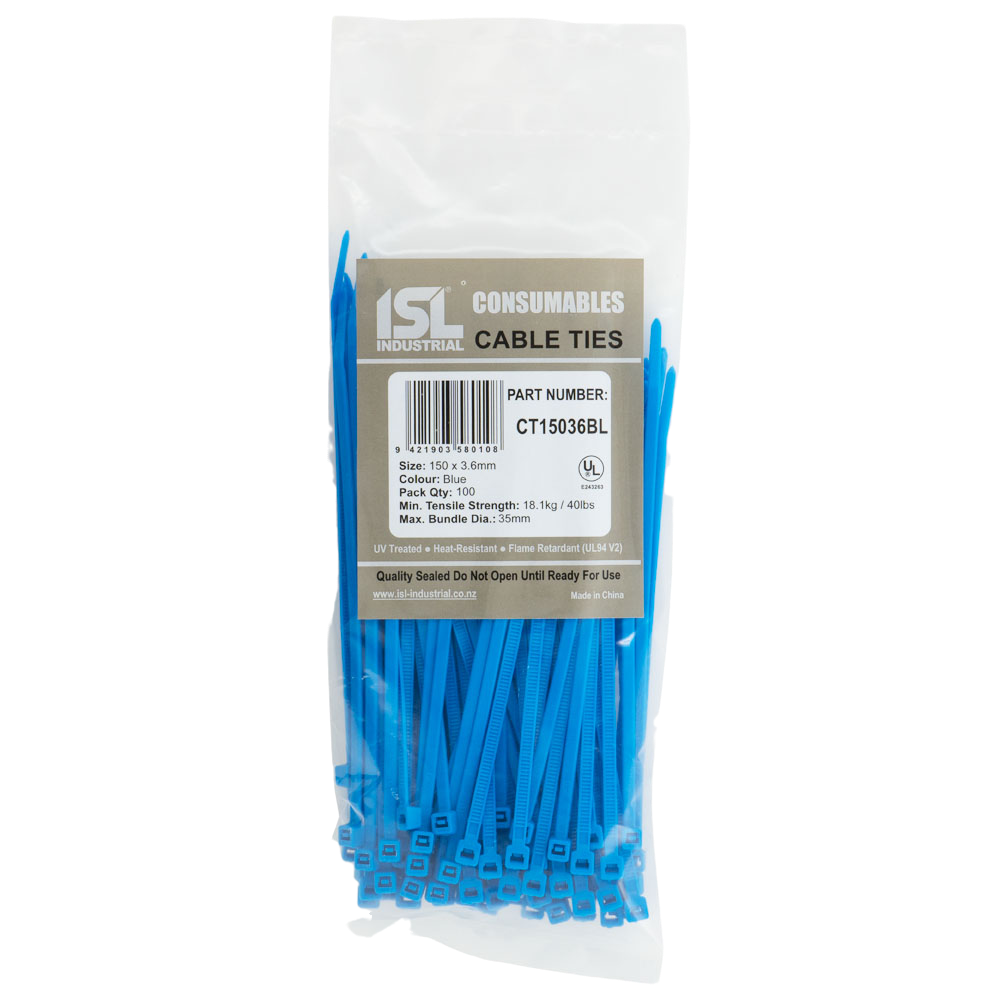 ISL Cable Ties, 150mm x 3.6mm, blue, in a pack of 100
