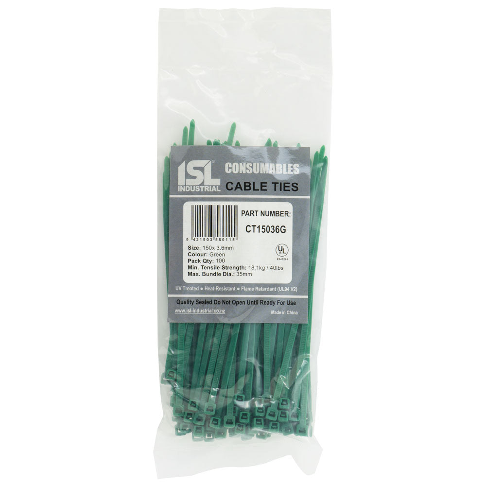 ISL Cable Ties, 150mm x 3.6mm, green, in a pack of 100