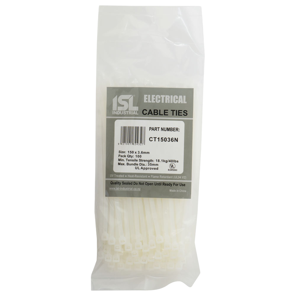 ISL Cable Ties, 150mm x 3.6mm, natural, in a pack of 100