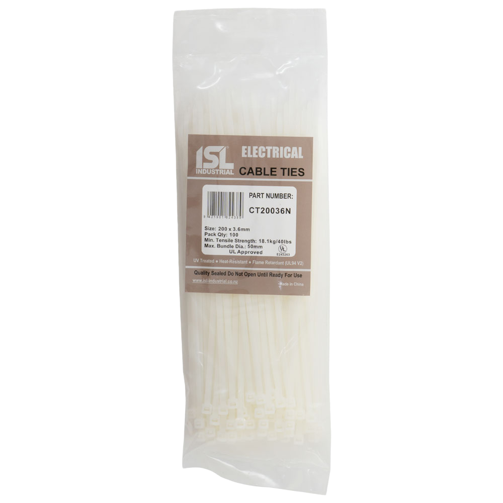 ISL Cable Ties, 200mmx 3.6mm, natural, in a pack of 100