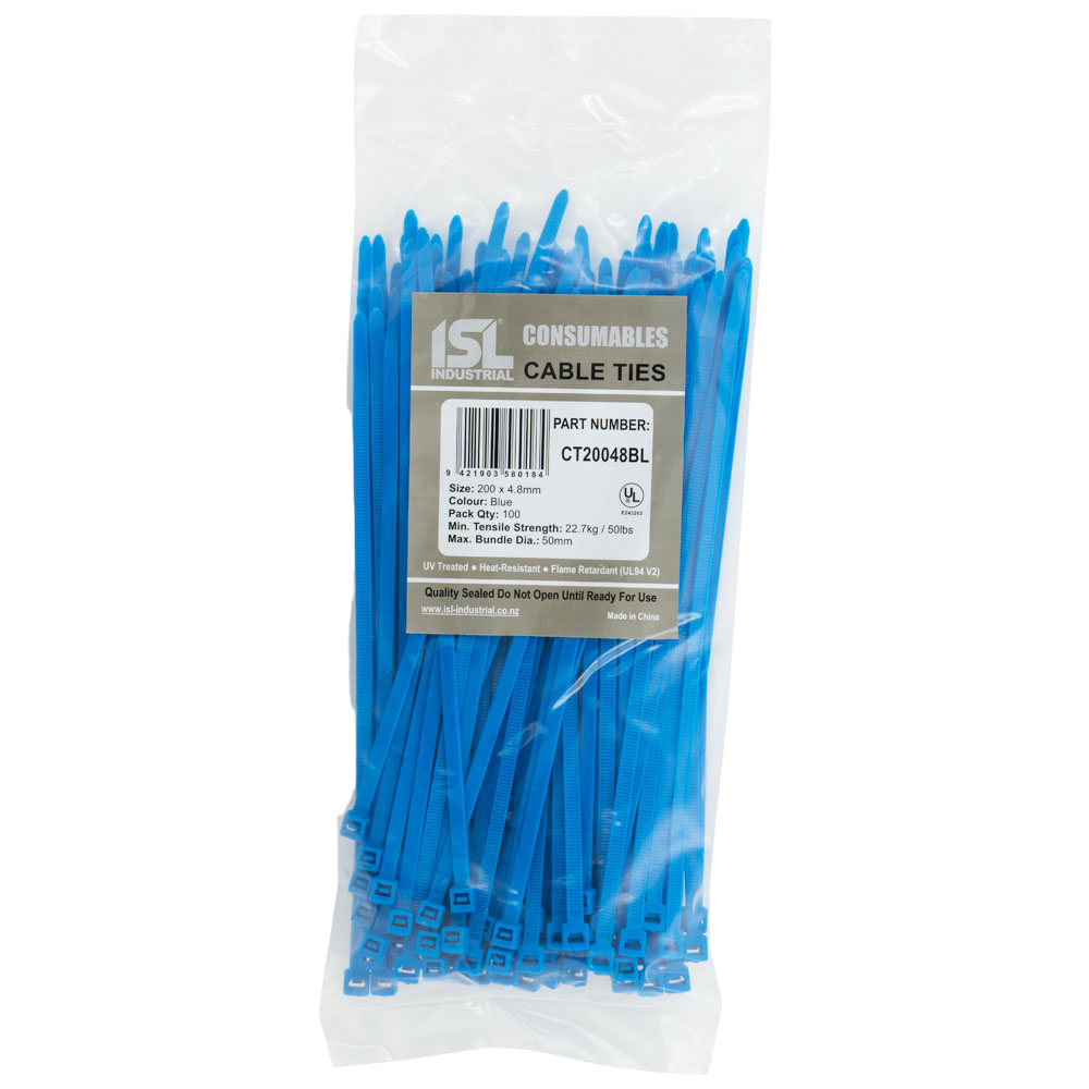 ISL Cable Ties, 200mm x 4.8mm, blue, in a pack of 100