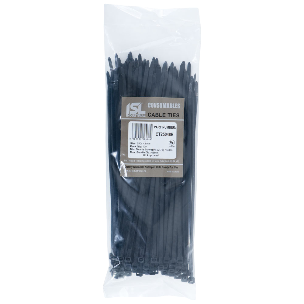 ISL Cable Ties, 250mm x 4.8mm, black, in a pack of 100