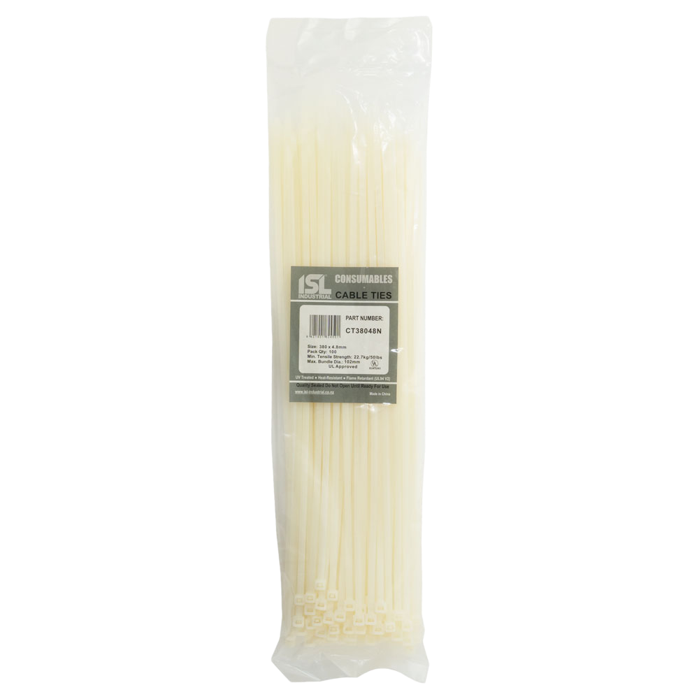 ISL Cable Ties, 380mm x 4.8mm, natural, in a pack of 100