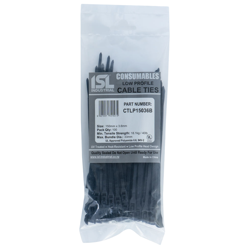 ISL Cable Ties 150mm x 3.6mm, black, in a pack of 100