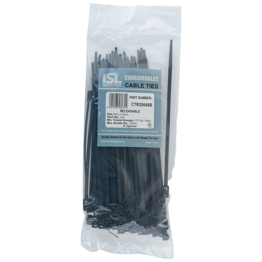 ISL Cable Ties 200mm x 4.8mm, black, in a pack of 100