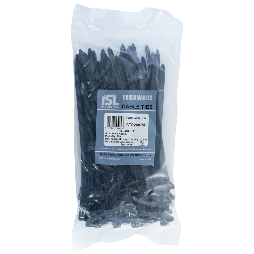 ISL Cable Ties 200mm x 7.5mm, black, in a pack of 100
