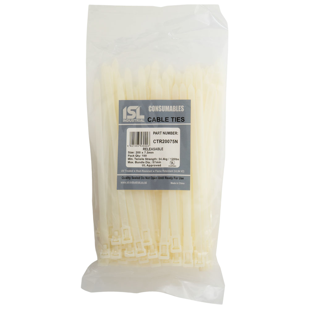 ISL Cable Ties 200mm x 7.5mm, natural, in a pack of 100