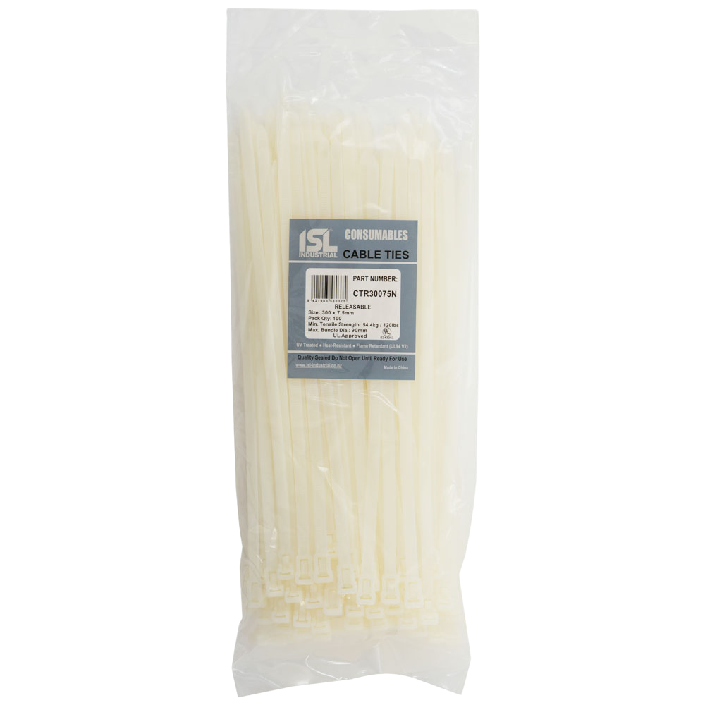ISL Cable Ties 300mm x 7.5mm, natural, in a pack of 100