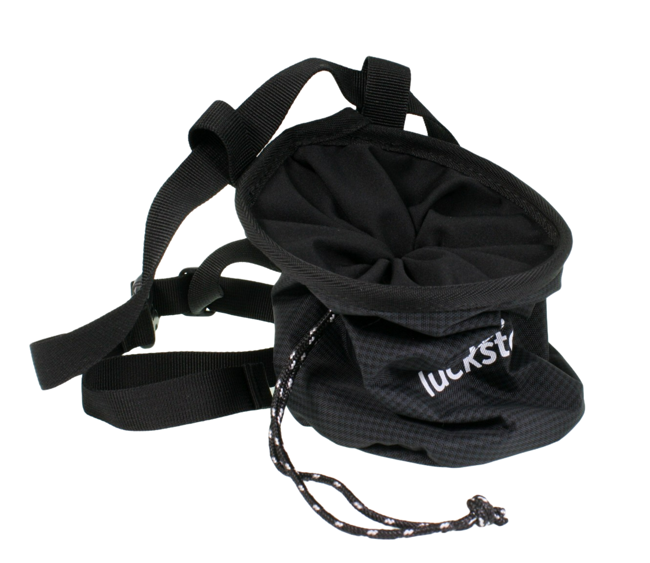 Front view, straps out, drawstring pulled