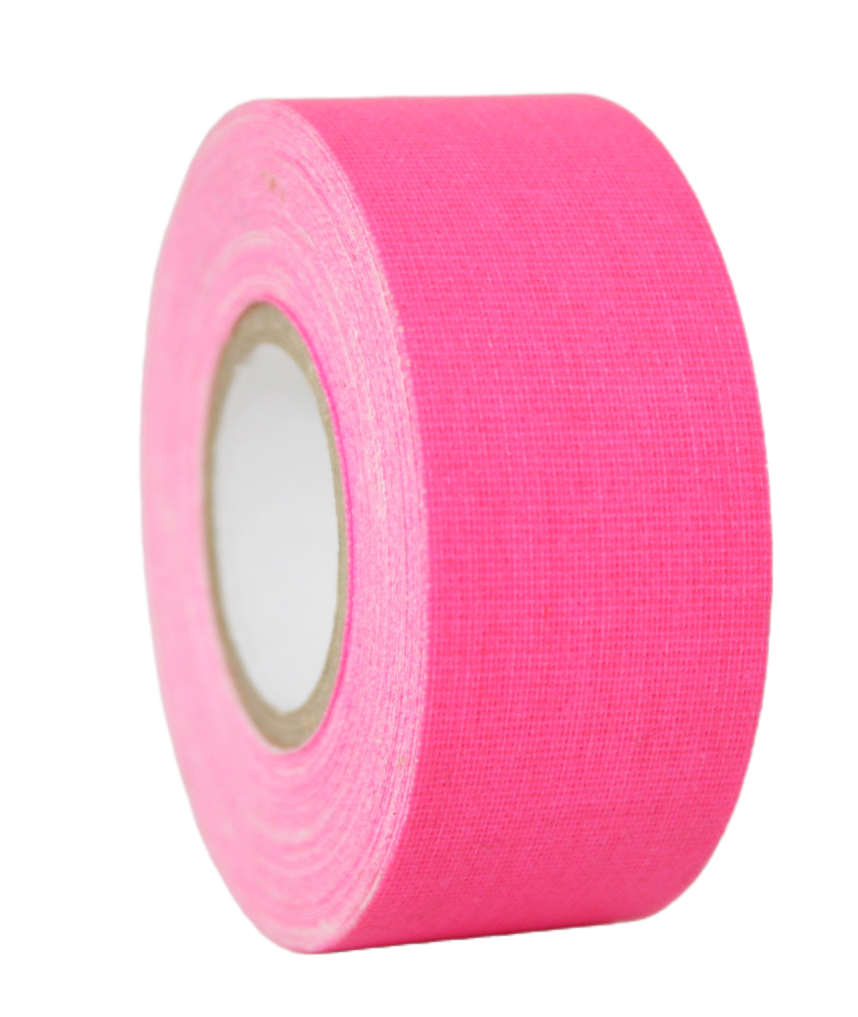 A close up of a single roll of fluorescent pink Micro Gaffer 1" tape