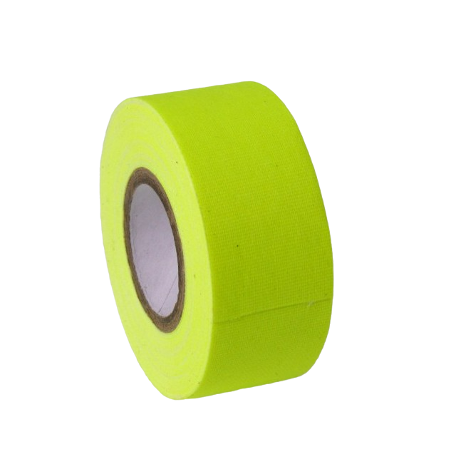 A close up of a single roll of fluorescent yellow Micro Gaffer 1" tape