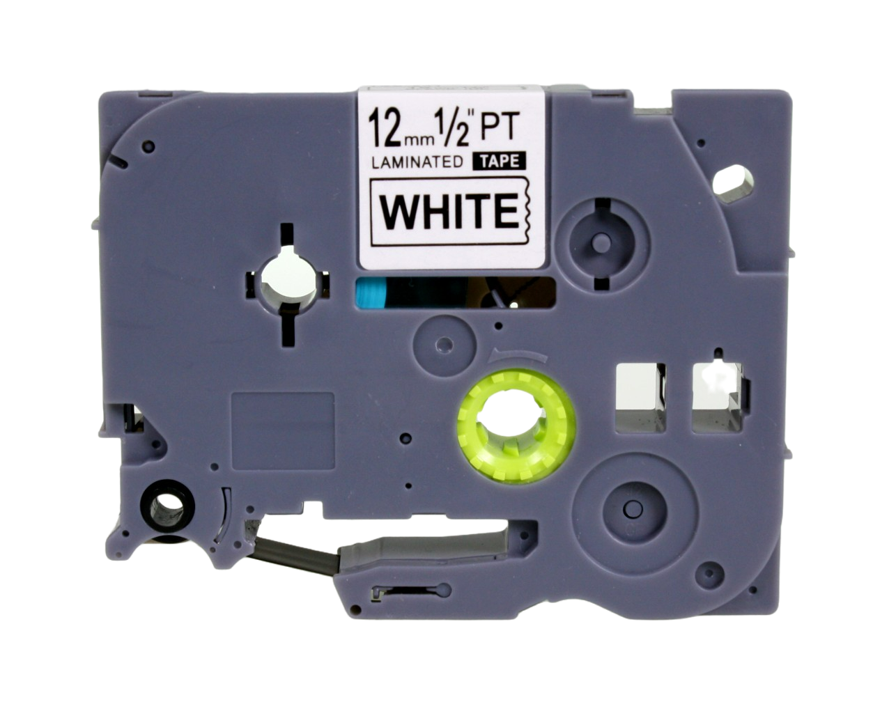 A 12mm black text on white tape casette