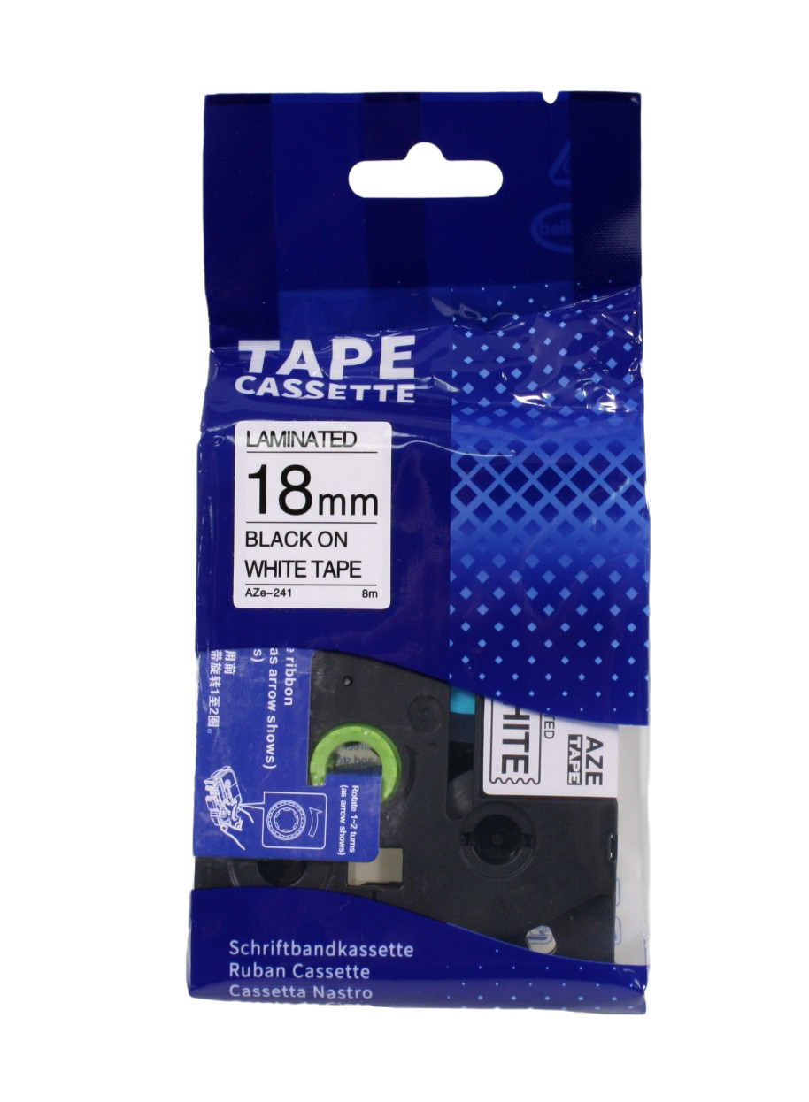 18mm black text on white tape, in packet