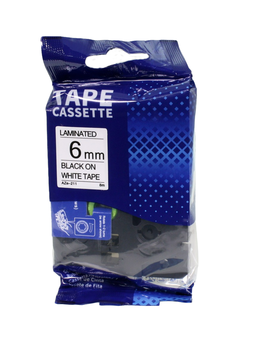 6mm black text on white tape, in packet