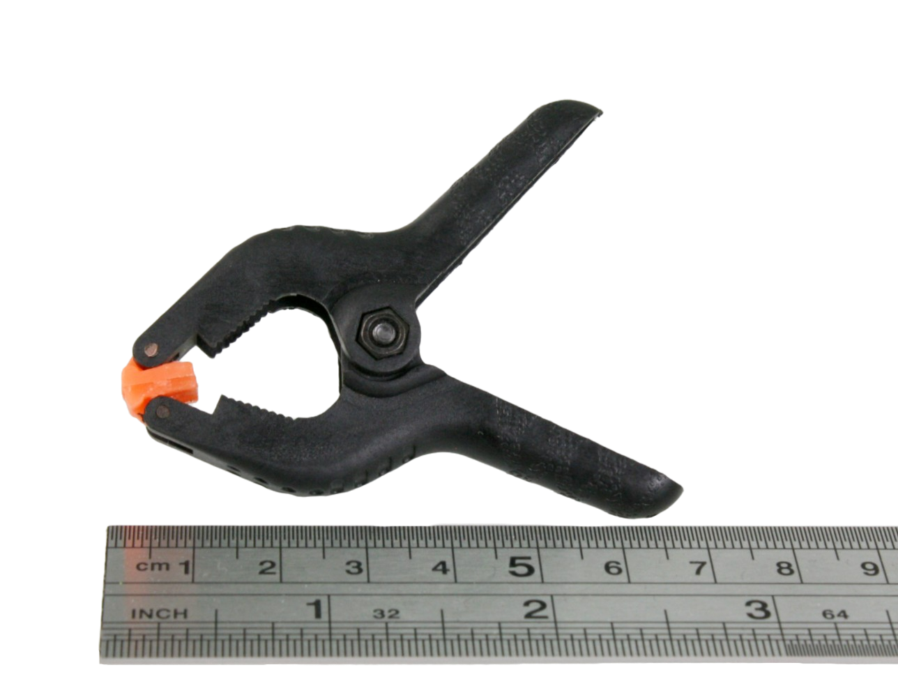 17mm spring clamp, next to a ruler, showing the total length to be just under 7cm