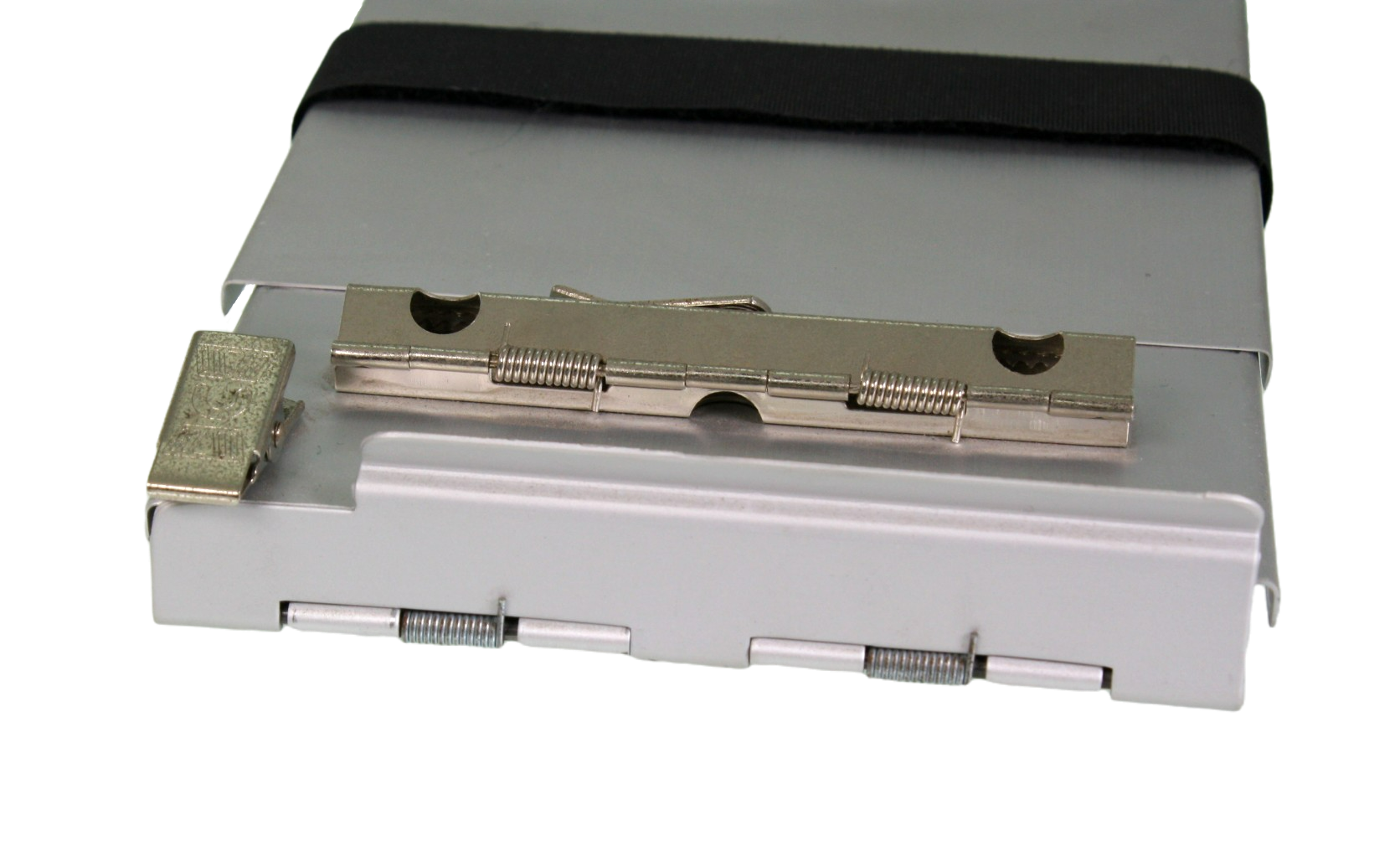 A close up of the hinges and clips at the top