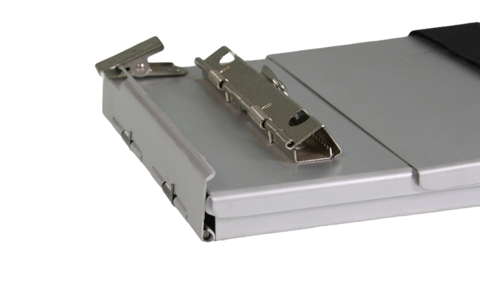 A close up of the hinges and clips at the top, showing the lid to the rear compartment