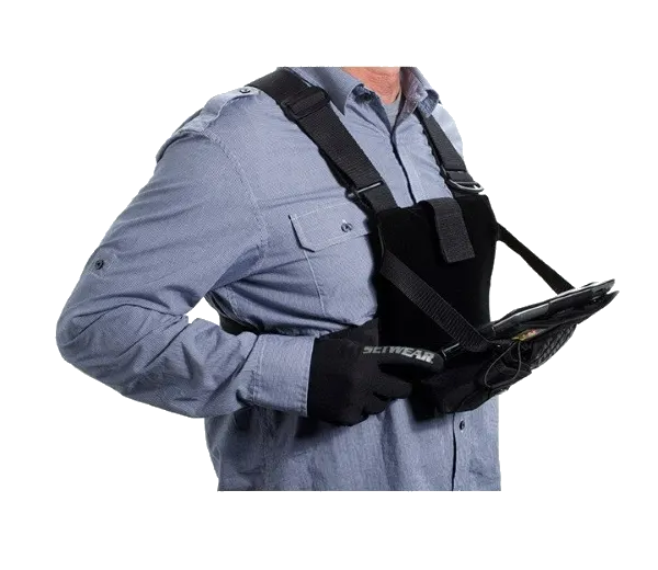 Chest pack in use, iPad pocket open