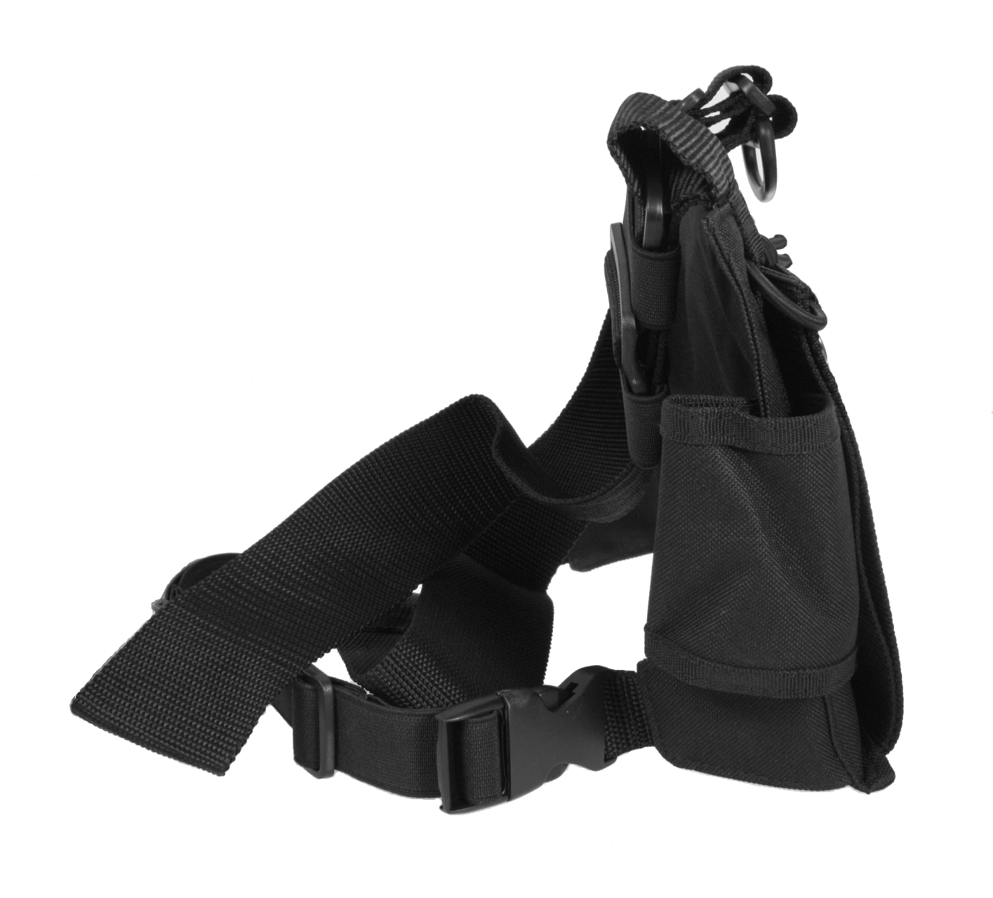 Side view of the chest pack, showing the adjustable radio pocket