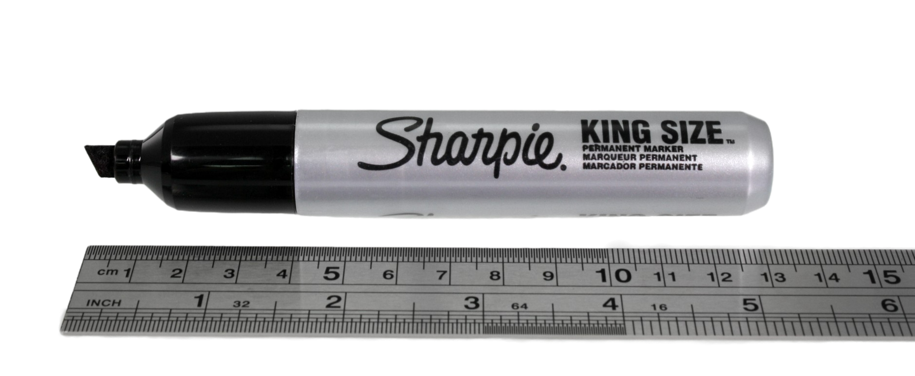 Sharpie King Size with lid off, next to a ruler, showing the total length is just over 13cm