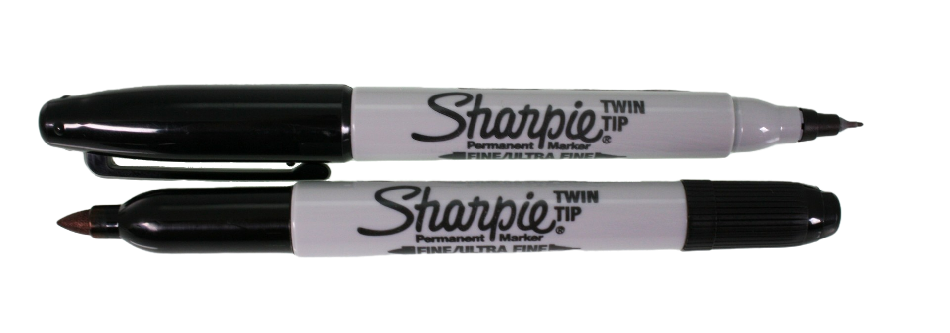 A pair of Sharpie Twin Tip black pens, one lid from each open