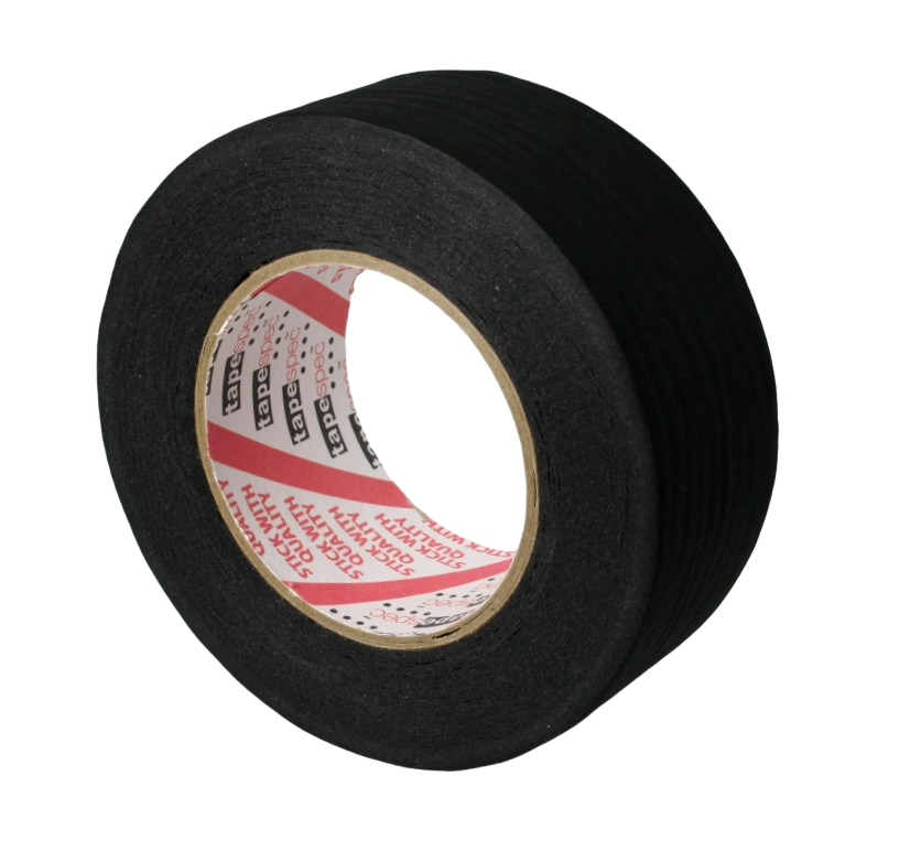 Shurtape CP 743 Matte Black Photographic Tape, 2" roll, 3/4 view showing the distributor's logo on their core