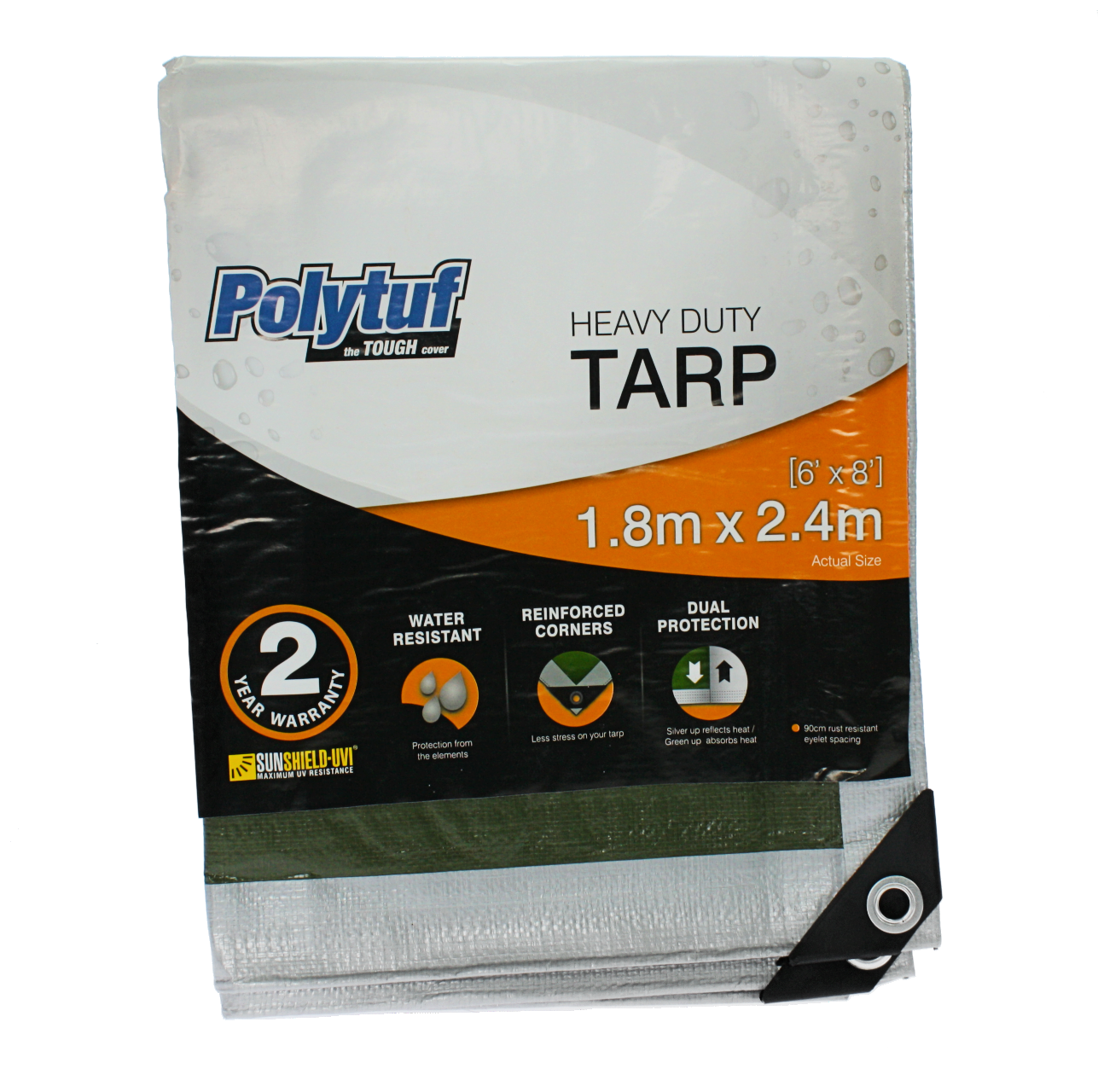Heavy Duty Tarpaulin, 1.8m x 2.4m, Silver/Green