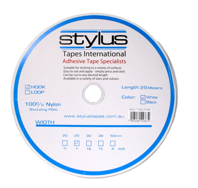 A roll of 1" white hook tape, showing the front label