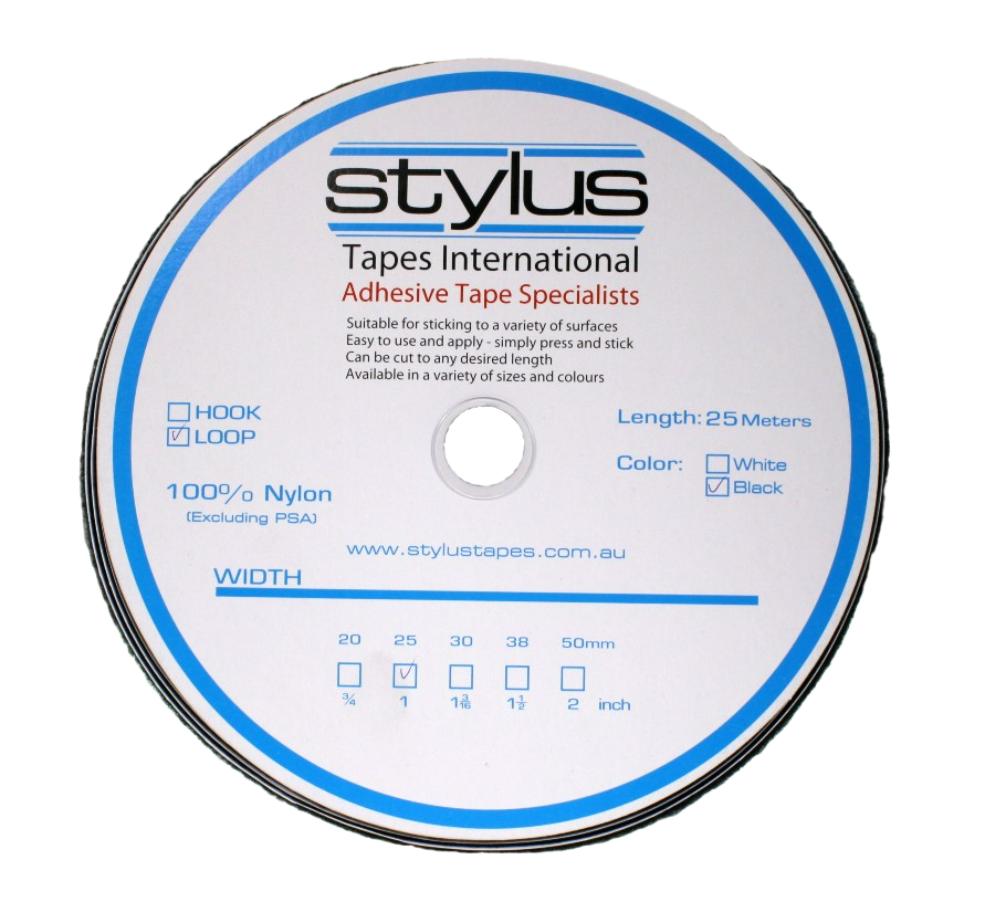 A roll of 1" black loop tape, showing the front label
