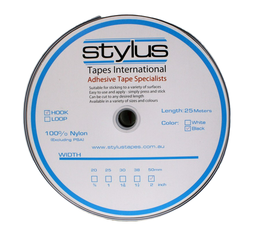 A roll of 2" black hook tape, showing the front label