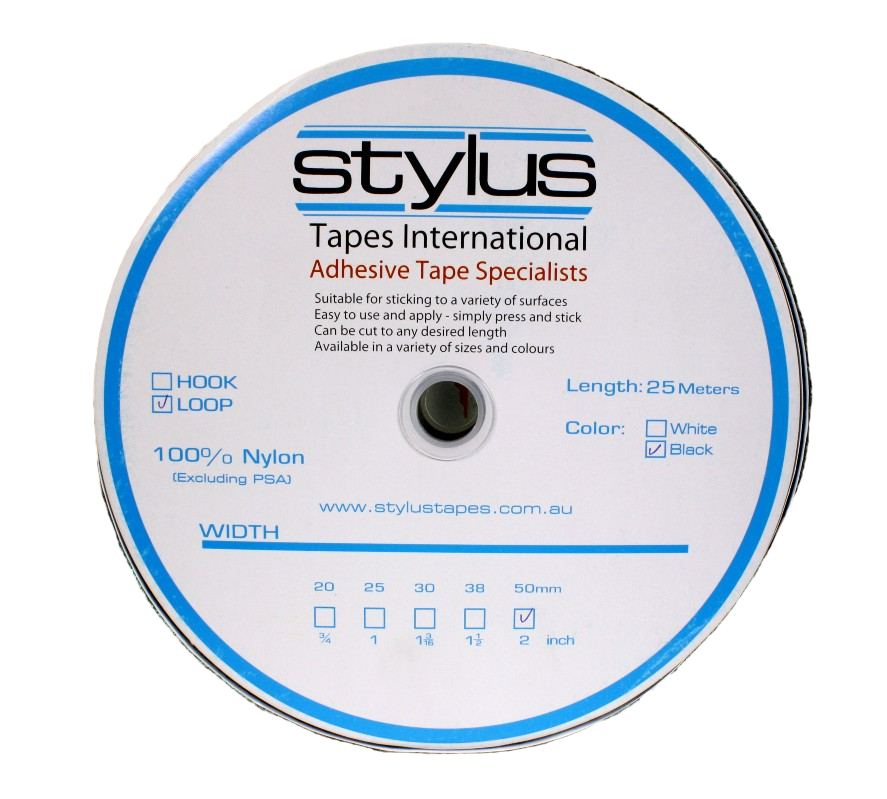 A roll of 2" black loop tape, showing the front label