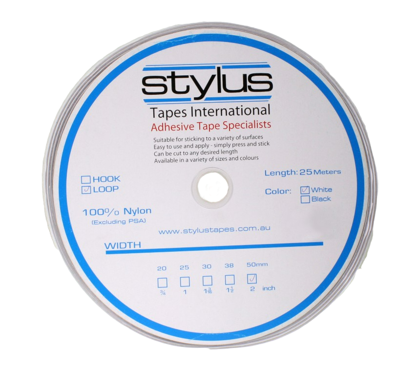 A roll of 2" white loop tape, showing the front label