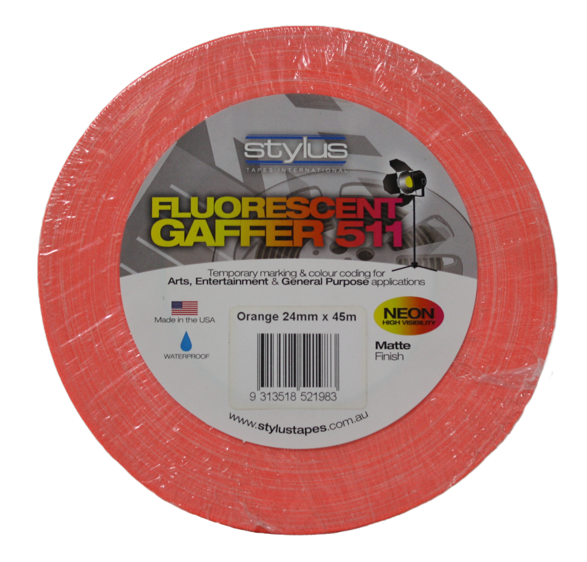 Styluss Fluorescent Gaffer Tape, 1" Orange, front view