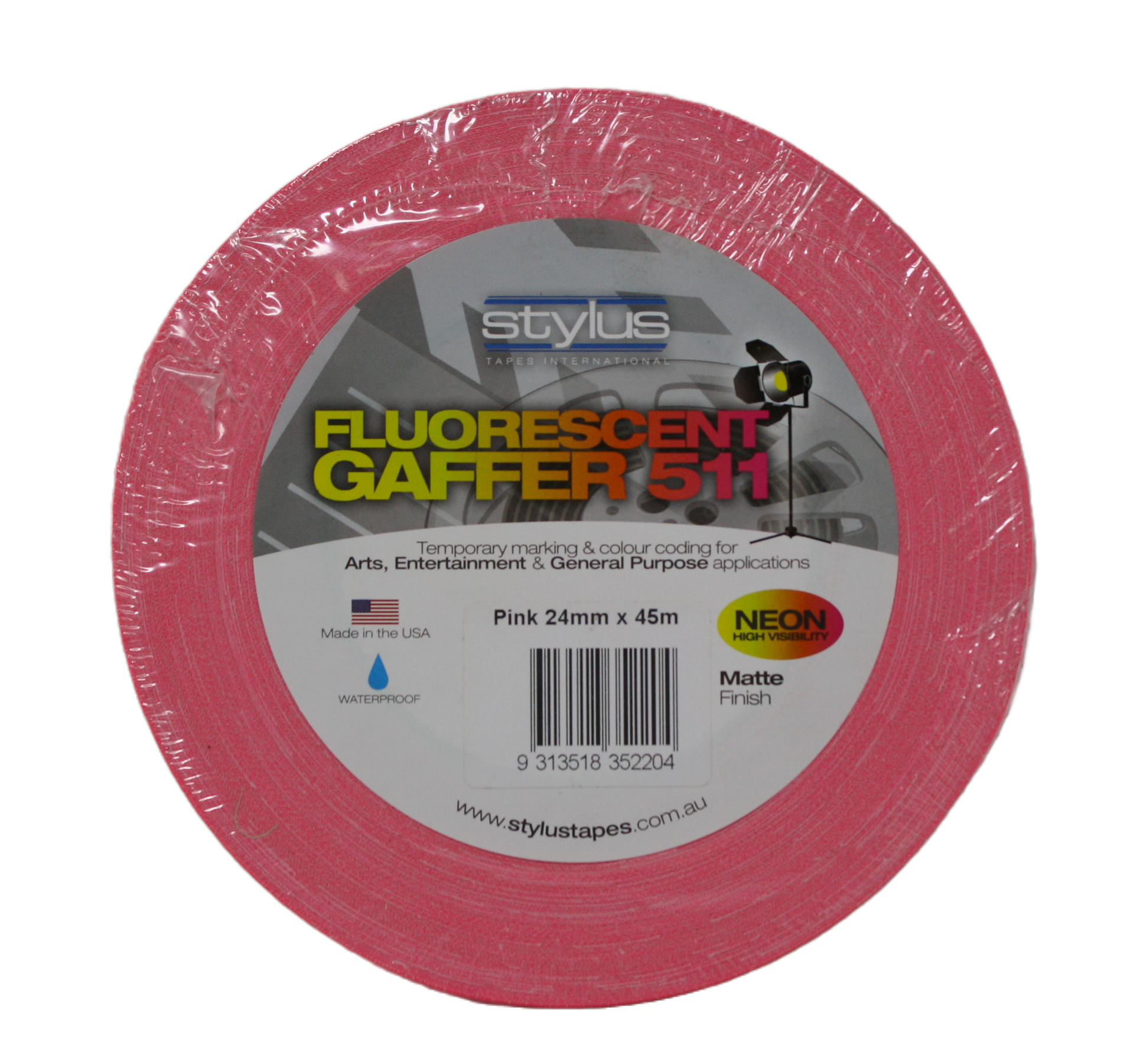Styluss Fluorescent Gaffer Tape, 1" Pink, front view
