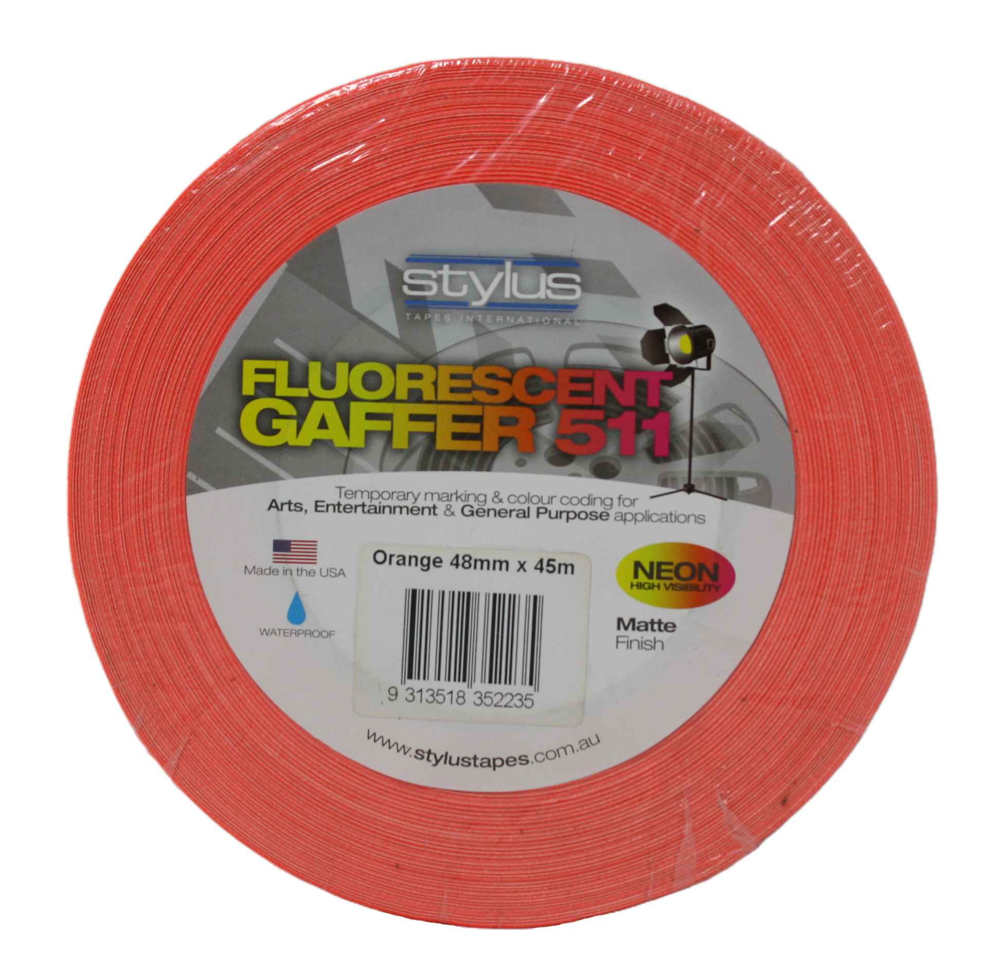 Styluss Fluorescent Gaffer Tape, 2" Orange, front view