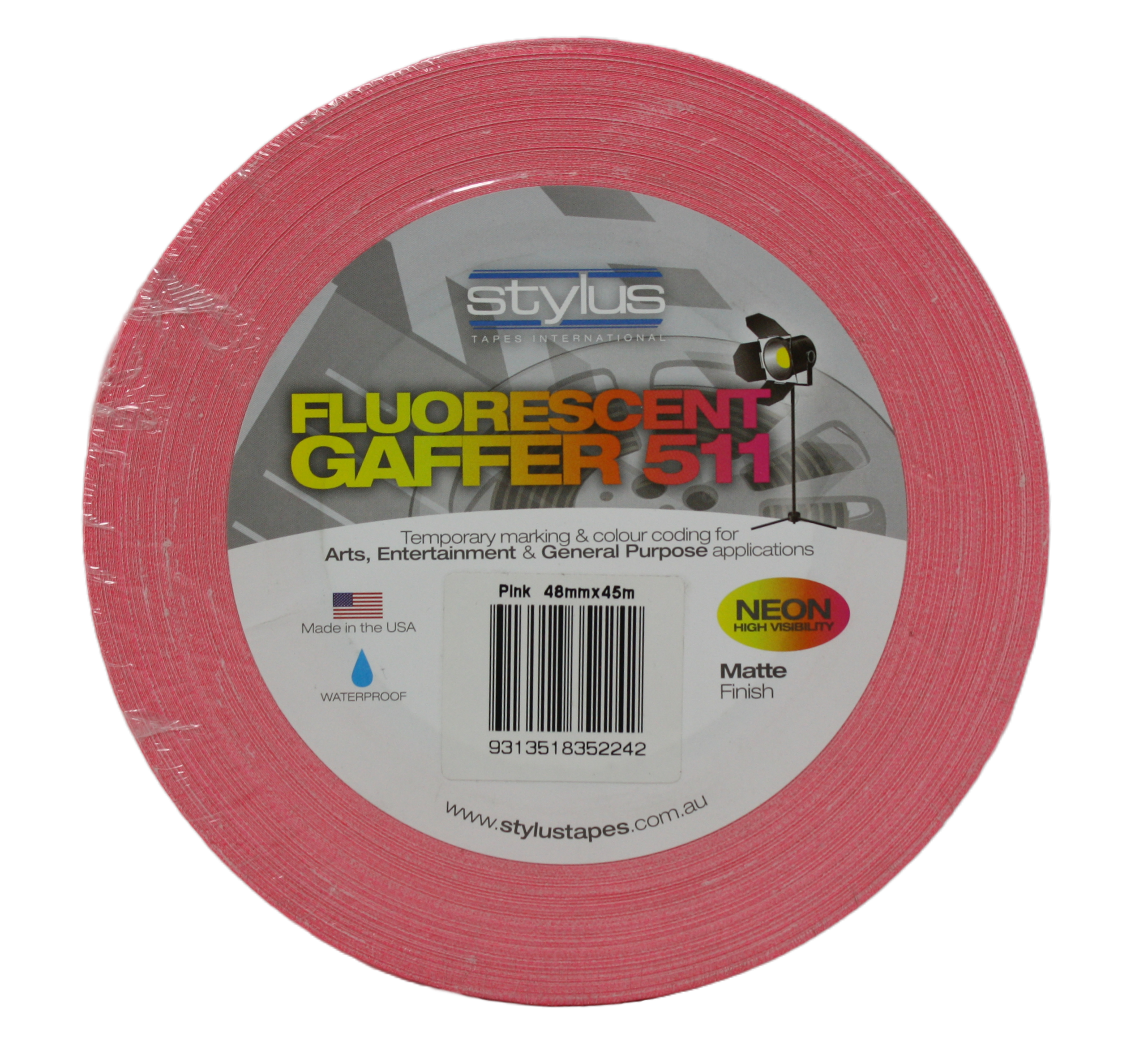 Styluss Fluorescent Gaffer Tape, 2" Pink, front view