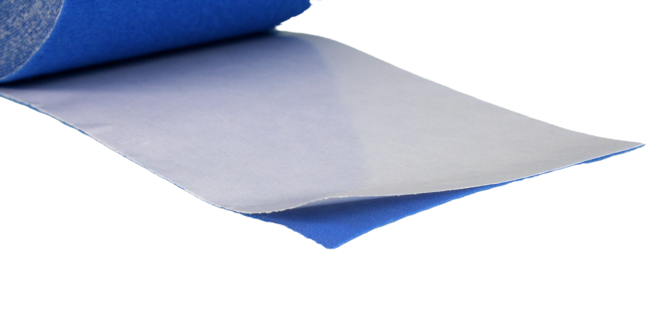 A close up of the strip of tape, with some of the backing peeled up to show the adhesive underside of the tape