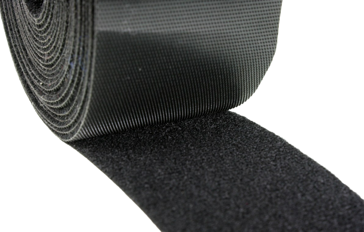 A close up of the roll of V Tape, showing bot the hook and loop sides compared